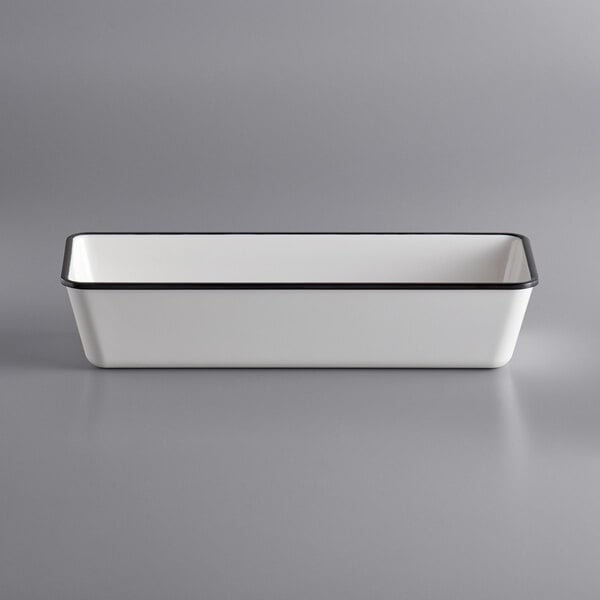 An American Metalcraft white rectangular melamine serving bowl with black rim.