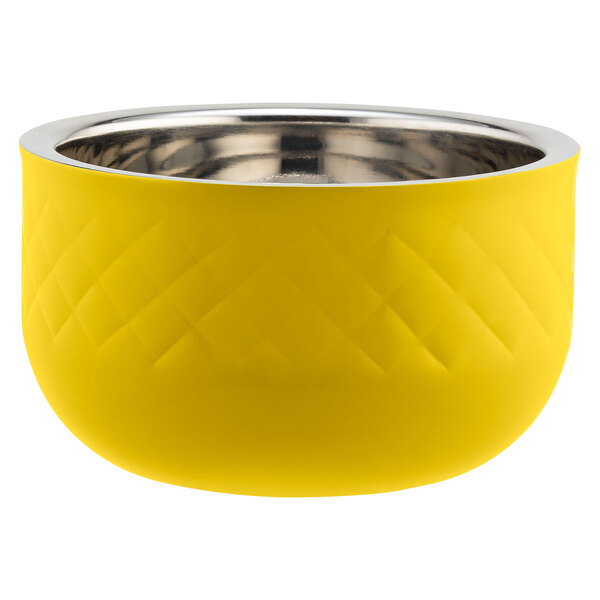 a yellow bowl with silver rim