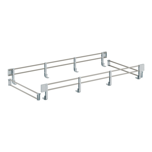 A white metal shelf rail kit with metal rods and hooks.