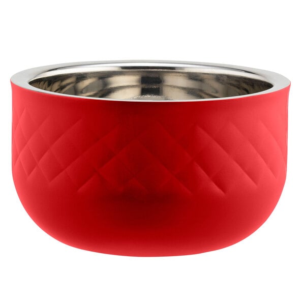 A red Bon Chef bowl with a stainless steel rim.