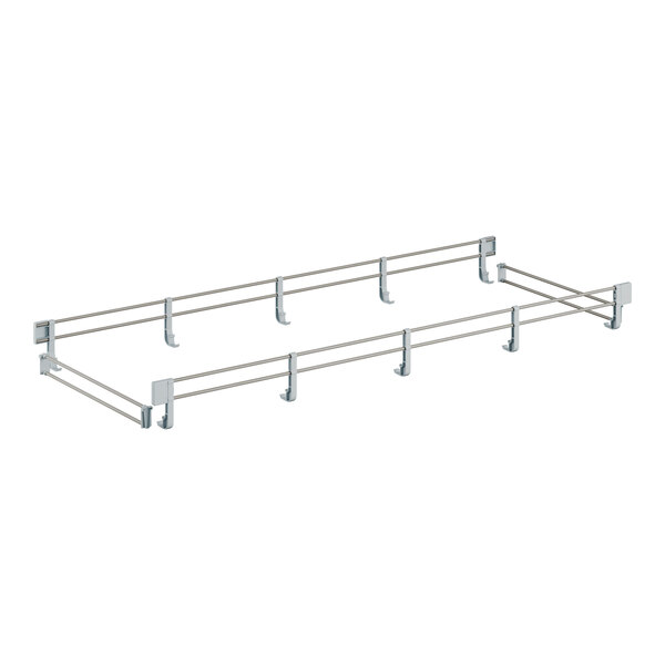 A metal frame with metal rods and hooks.