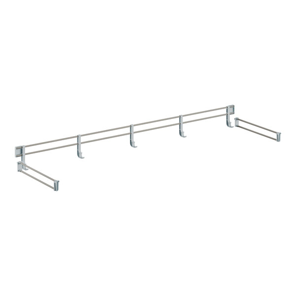 A metal bar with metal rods and hooks.