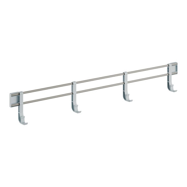 A white metal rod with four metal hooks.