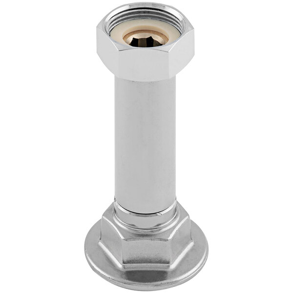 A chrome plated metal pipe with a nut.