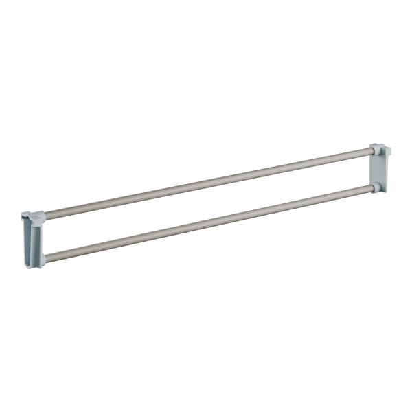 A white Cambro towel rack with gray end rails.