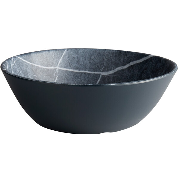 A black Carlisle melamine bowl with a white marble pattern.