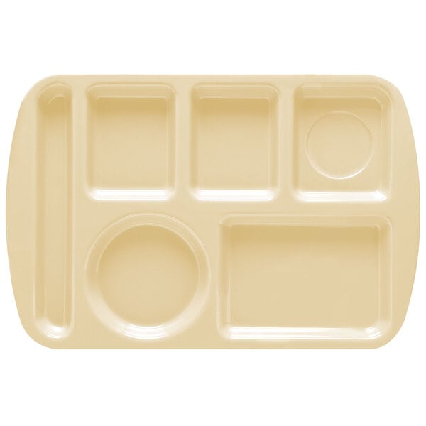 A tan rectangular tray with 6 compartments.