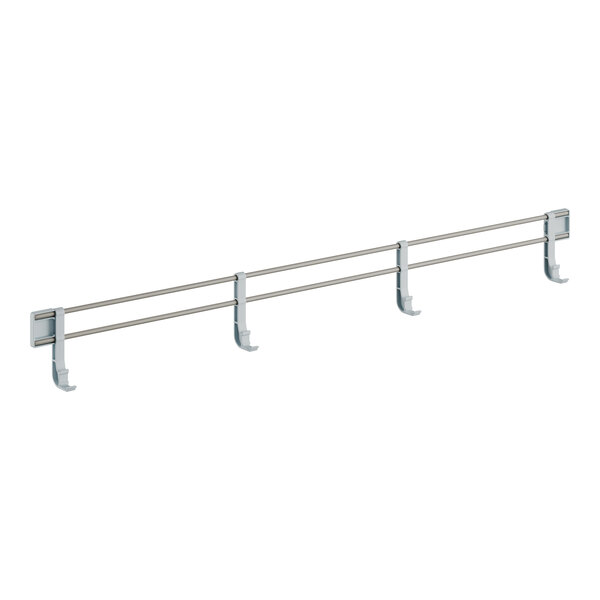 A white metal bar with four white metal hooks.