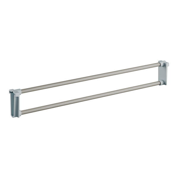 A white Cambro towel rack with two end rails.