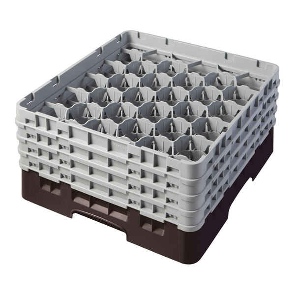A brown plastic Cambro glass rack with 4 extenders.