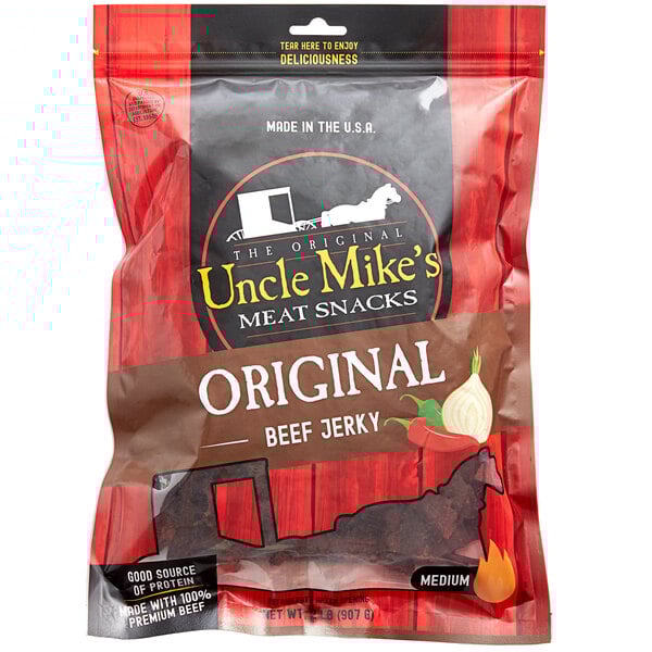 A red plastic bag of Uncle Mike's Original beef jerky.