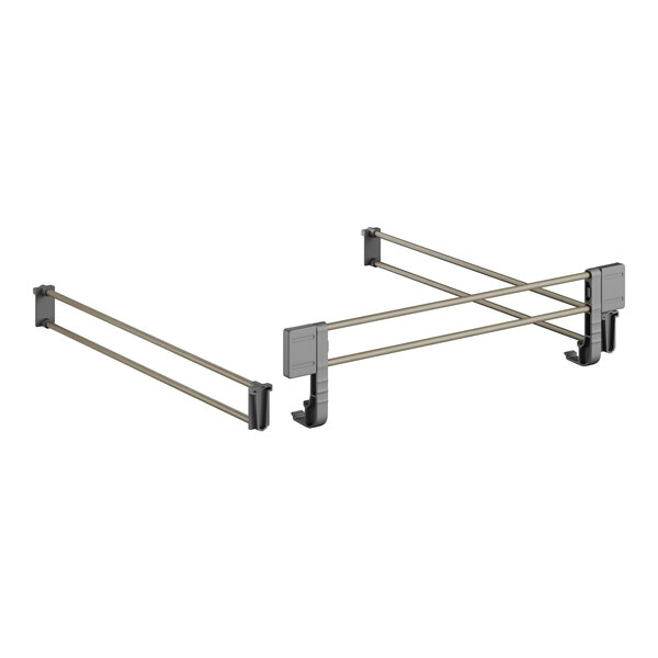 A pair of metal shelf rails with a white background.