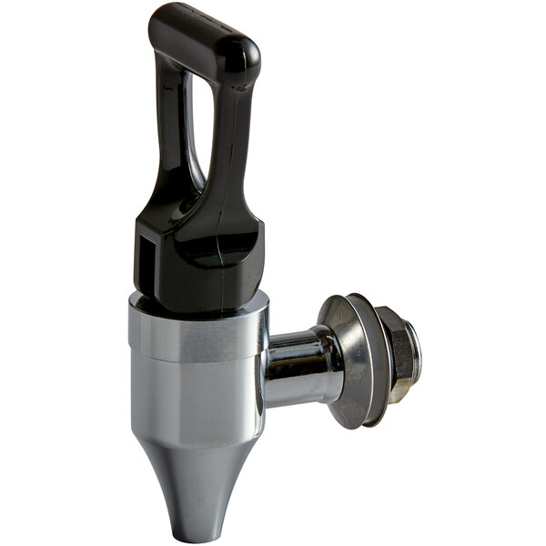 A black and chrome replacement faucet for a coffee chafer urn with a handle.