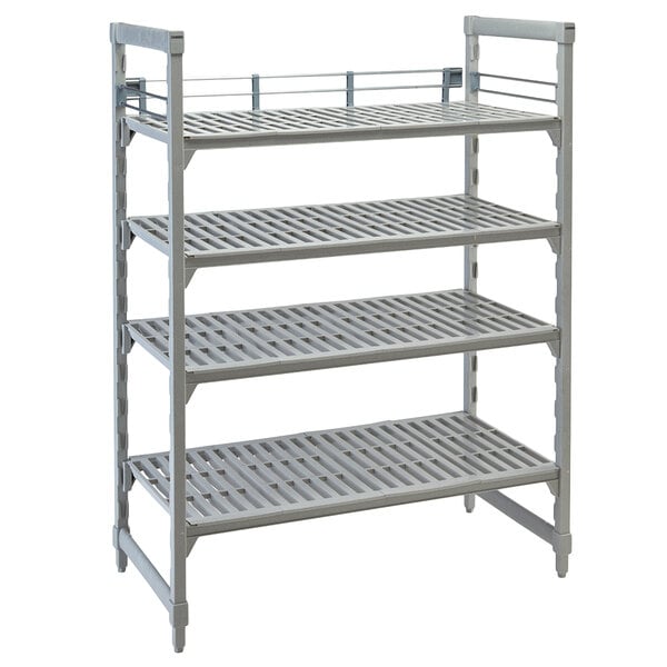 A grey metal shelf rail for a Cambro Camshelving® Premium unit with four shelves.