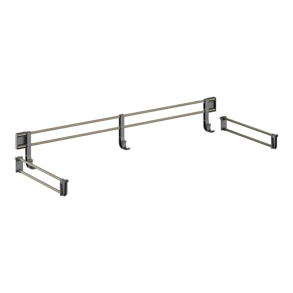 A black metal shelf rail with two metal rods on it.
