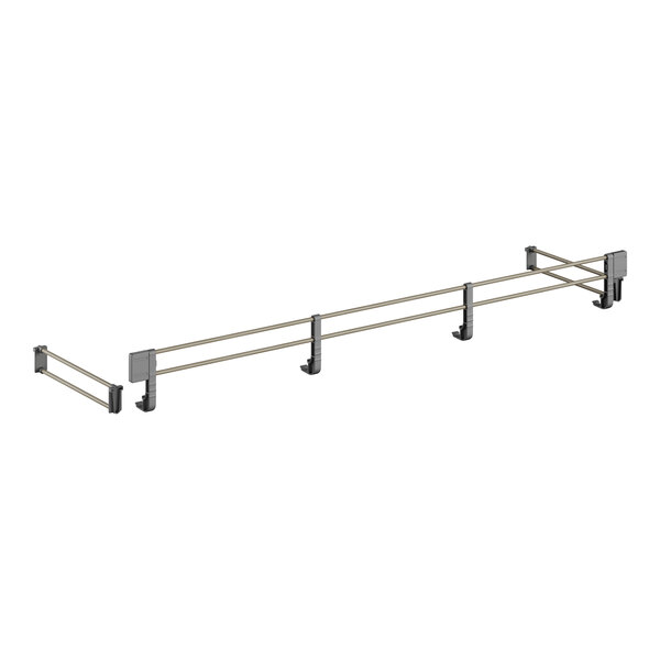 A white metal railing with two metal rods.