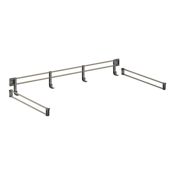 A black and silver metal bar with hooks on it.