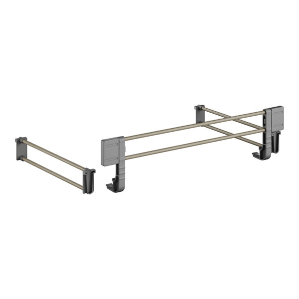 A metal shelf rail kit with two metal rods and two metal holders.