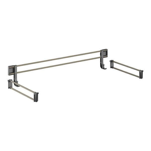 A black metal bar with brown hooks on it.