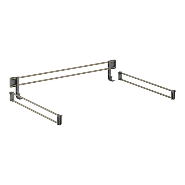 A black and brown metal Cambro shelf rail with two bars and two hooks.