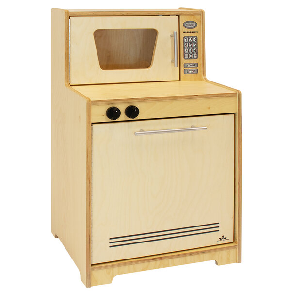 A Whitney Brothers wooden toy microwave oven with a door.