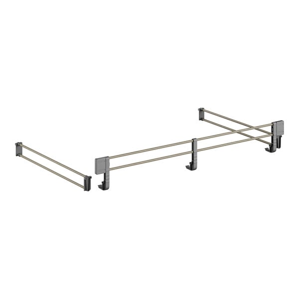 A metal shelf rail with four metal poles and metal corners.