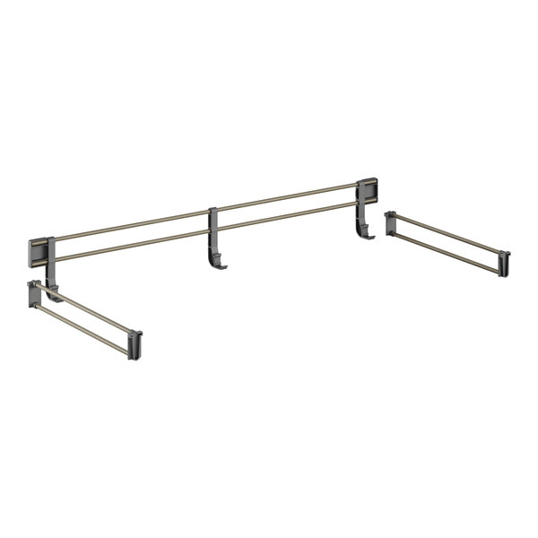 A close-up of a black and silver metal shelf rail on a metal rack.