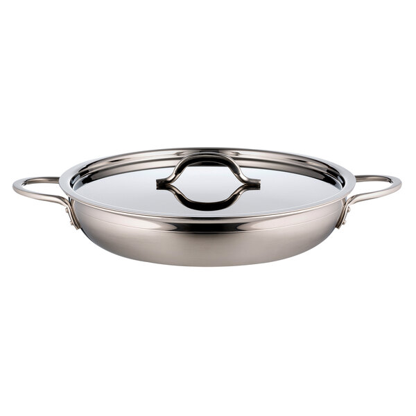 A silver stainless steel Bon Chef saute pan with a lid.