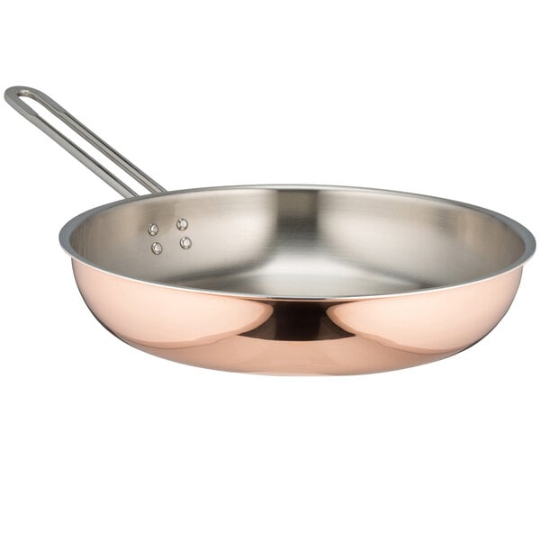 A Bon Chef copper saute pan with a handle.