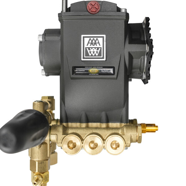 A close-up of a black and gold Simpson pressure washer with a white background.