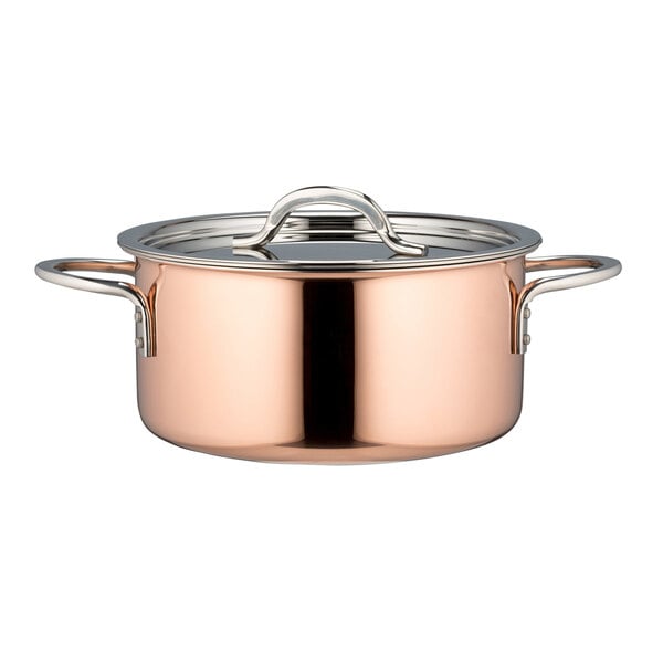 A Bon Chef copper cooking pot with a lid.