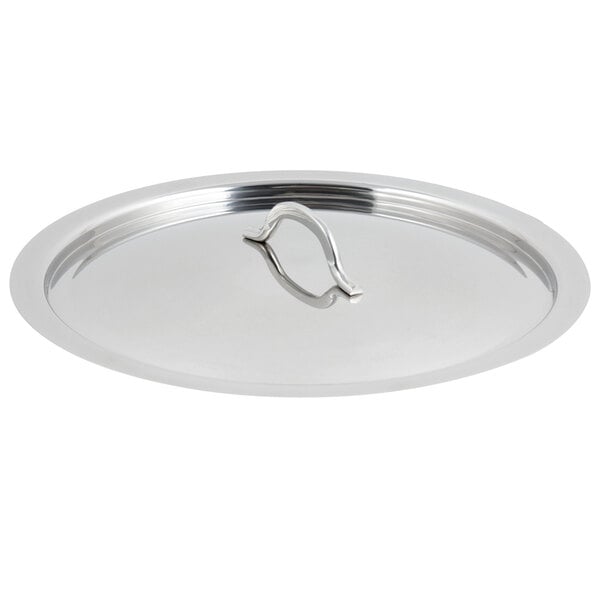 A silver stainless steel Bon Chef lid with a handle.