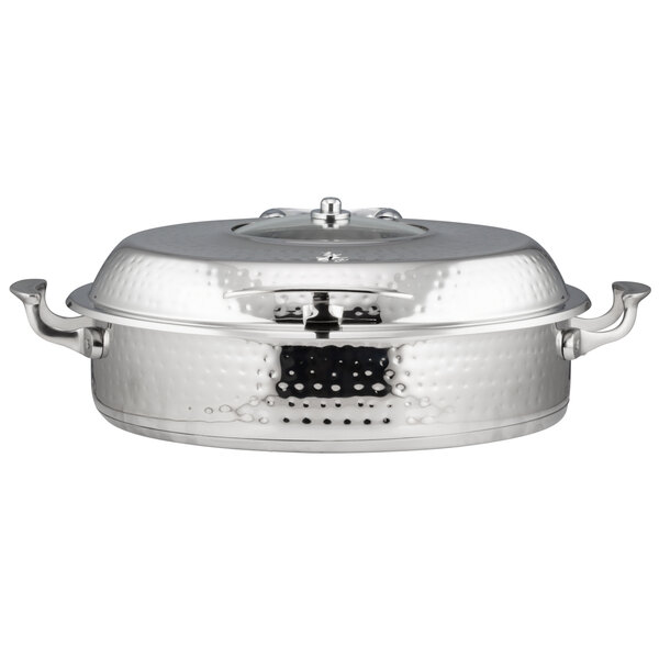 A Bon Chef stainless steel brazier pot with a hinged glass lid.