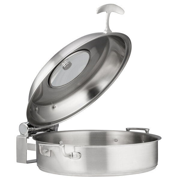 A silver stainless steel Bon Chef brazier pan with a hinged glass lid.