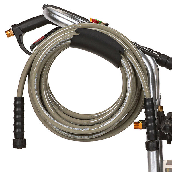 A Simpson pressure washer hose on a metal stand.