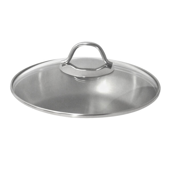 A close-up of a Bon Chef glass lid on a pot.
