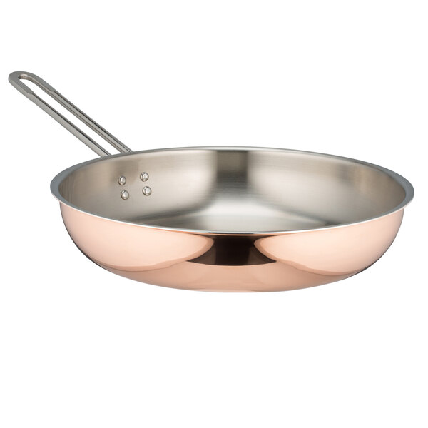 A Bon Chef copper saute pan with a handle.