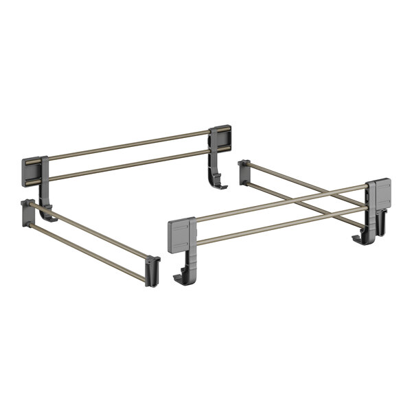 A white metal frame with two metal rods and two metal handles.