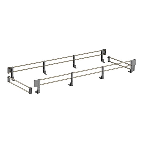 A pair of metal railings for a wire shelf with metal rods.