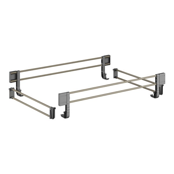 A white metal shelf rail kit with metal rods and bars.