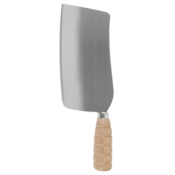 A Thunder Group cast iron cleaver with a wooden handle.