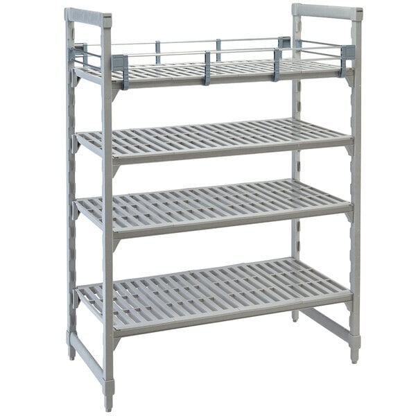 A grey metal Cambro Camshelving Premium shelf kit with three shelves.