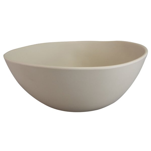 A white Elite Global Solutions melamine bowl with a curved edge.