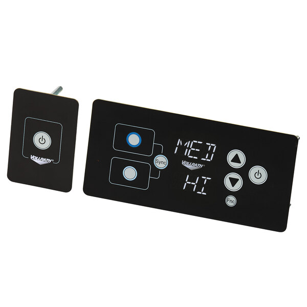 A black rectangular Vollrath induction hot food well control panel with white buttons and a screen.