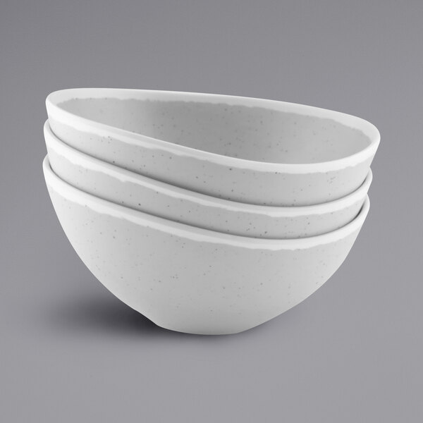 A stack of gray speckled Elite Global Solutions melamine bowls.