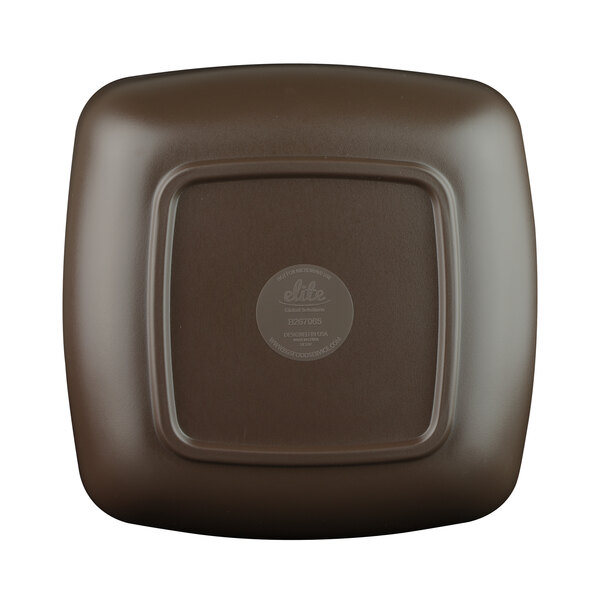 A brown square Elite Global Solutions melamine bowl with a white speckled square interior.