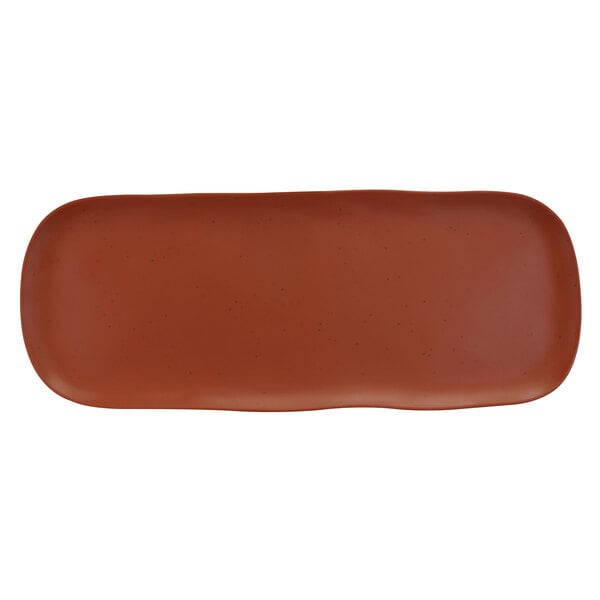 A rectangular brown Elite Global Solutions melamine platter with specks.