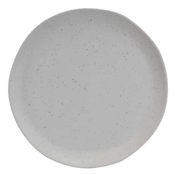 A white Elite Global Solutions round melamine plate with speckled specks.