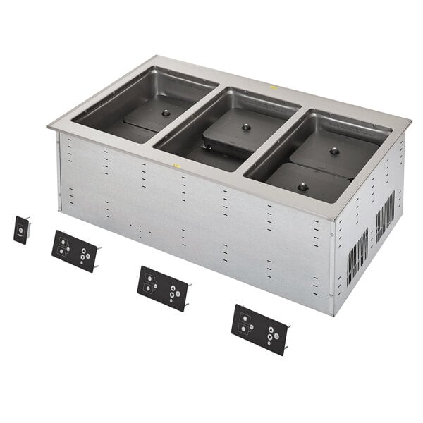 a metal tray with two black holes