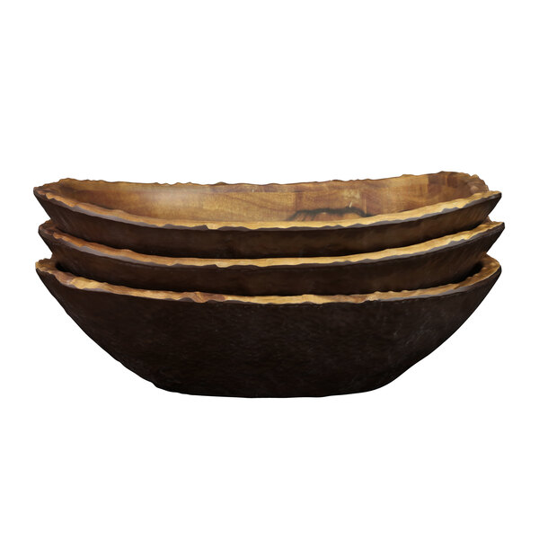 A stack of three Elite Global Solutions rectangular melamine serving bowls with brown wood grain on top.